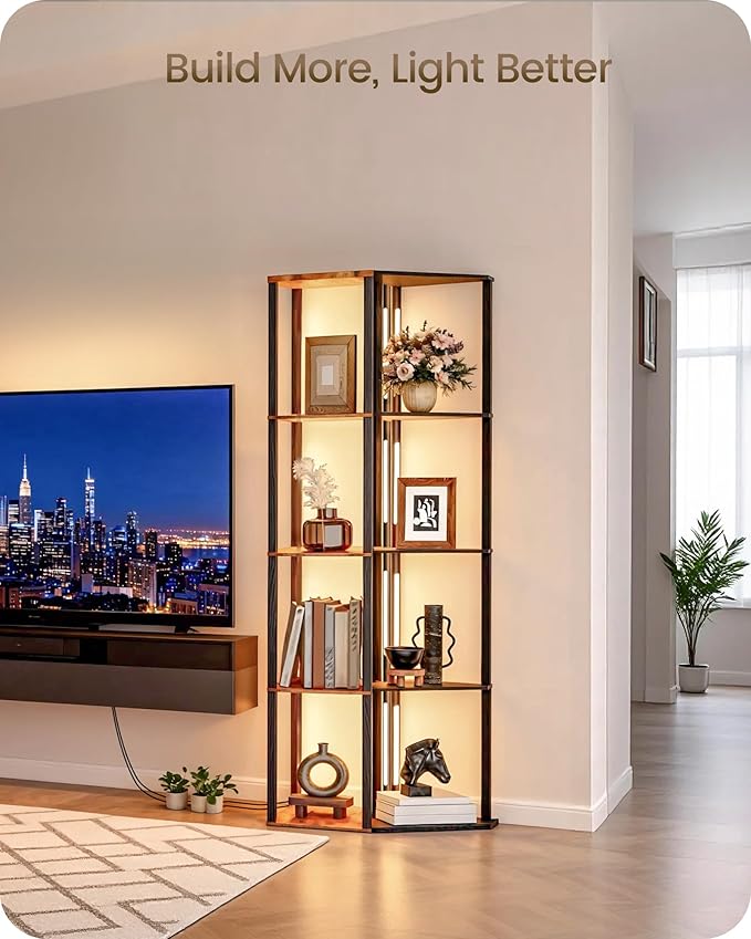 GOEBLESON 64.2" Display Shelf with Light, Modern Corner Floor Lampe with Shelves, LED Dimmable Standing Lamp with Remote for Living Room, Bedroom, Office, Adjustable CCT, Rustic Brown Square F51LD05