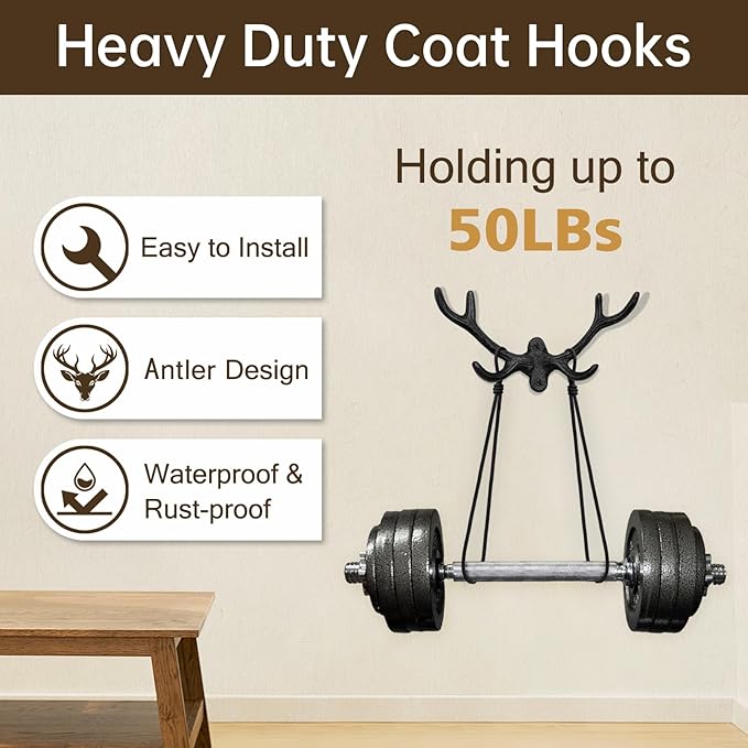 2 Pack Cast Iron Antler Hooks – Rustic Black Wall Hooks for Coats, Keys & Towels, Heavy-Duty Deer Antler Design for Home Décor