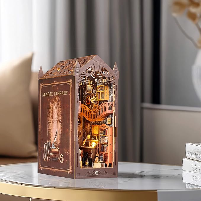 suruim DIY Book Nook Kit Bookend Puzzle Miniature Nook Library Bookshelf Insert Bookends Decoration Books Ornaments Gifts for Adults(Magic House-2)