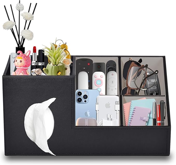 Plus Size Tissue Box Cover-Square Tissue Cover with Side Storage and Tray,Modern Makeup Organizer,PU Leather Tissue Holder Decorative Cube Organizer for Living Room Vanity NightStand Office,Black