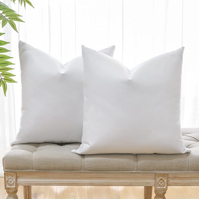 OTOSTAR Pack of 2 Down and Feather Throw Pillow Inserts, 20 x 20 Soft Fluffy Square Pillow Inserts with 100% Cotton Cover Decorative Pillows for Sofa Couch Bed-White
