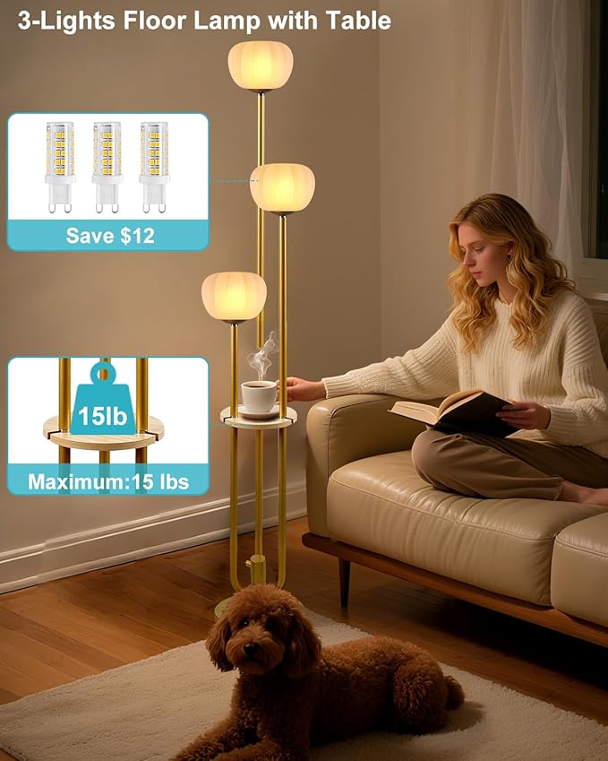 Lightdot Gold Floor Lamp with Table, Modern Dimmable Floor Lamps with Pumpkin Lampshade, 3000K Soft Warm White Bulbs Included, 3-Light Tall Standing Lamp for Living Room/Bedroom
