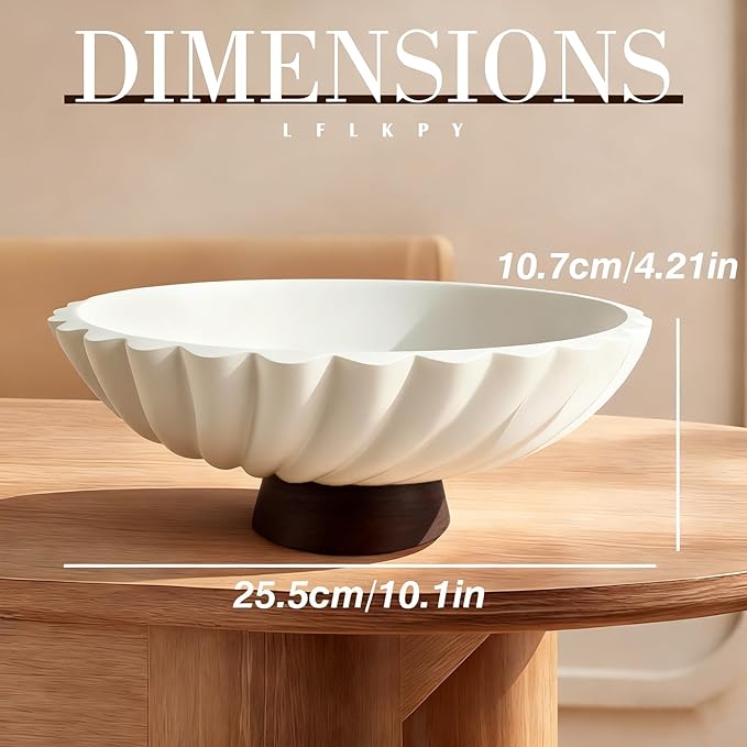 11-Inch White Concrete Decorative Fruit Bowl with Wooden Base – Modern Decorative Bowl and Key Bowl for Dining Table, Coffee Table, Kitchen & Home Décor