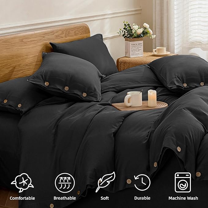 JELLYMONI Cotton Duvet Cover Full Size - Pure Black Comforter Cover with Button 100% Washed Cotton 3PCS Breathable Soft Solid Bedding Set Duvet Cover 80×90in & 2 Pillowcases (NO Comforter)