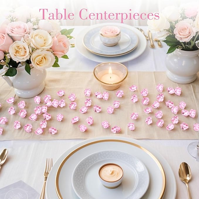 DOMESTAR Pink Fake Ice, 150PCS Acrylic Fake Diamonds, Plastic Crystals Gems, Vase Fillers DIY Craft Makeup Brush Rocks Wedding Party Table Centerpieces Scatter Valentines Day Decorations