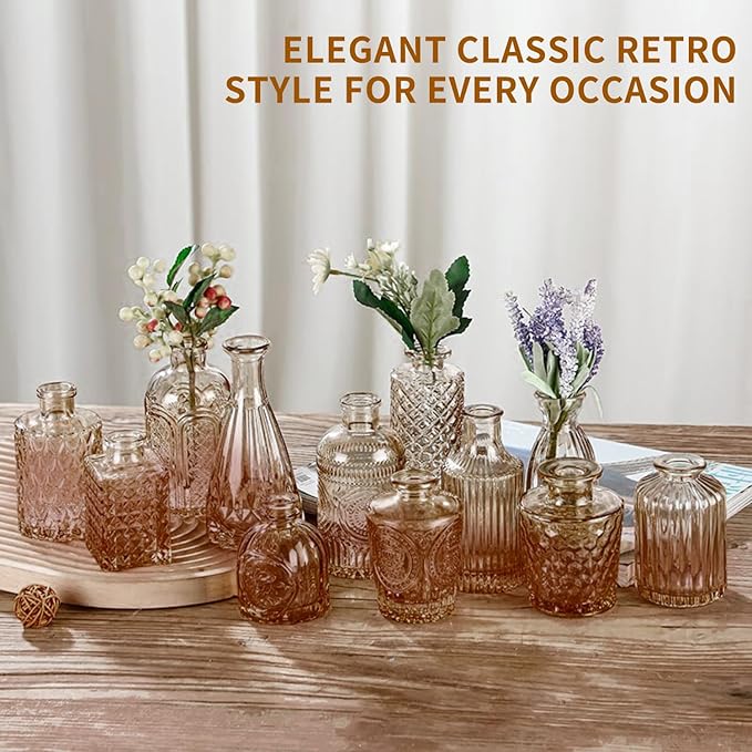 KUAGUINZUHE 12 Pcs Glass Bud Vase Set, Small Translucent Amber Vintage Flower Vases for Wedding Centerpieces in Bulk, Mini Embossed Vases for Home Table Decor, Party, Baby Shower Decorations