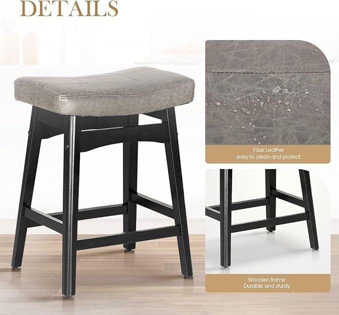 Sophia & William Counter Height Bar Stool for Kitchen Island,24" Counter Stools with Wooden Legs, Abrasive Leather Saddle Seat Bar Stool,Grey,1 PC