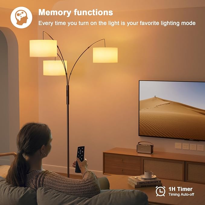 36W Dimmable Floor Lamp - 3 Lights Arc Floor Lamps Standing Lamp with Remote & Touch Control, Tall Lamp for Living Room Corner, Bedroom, Office
