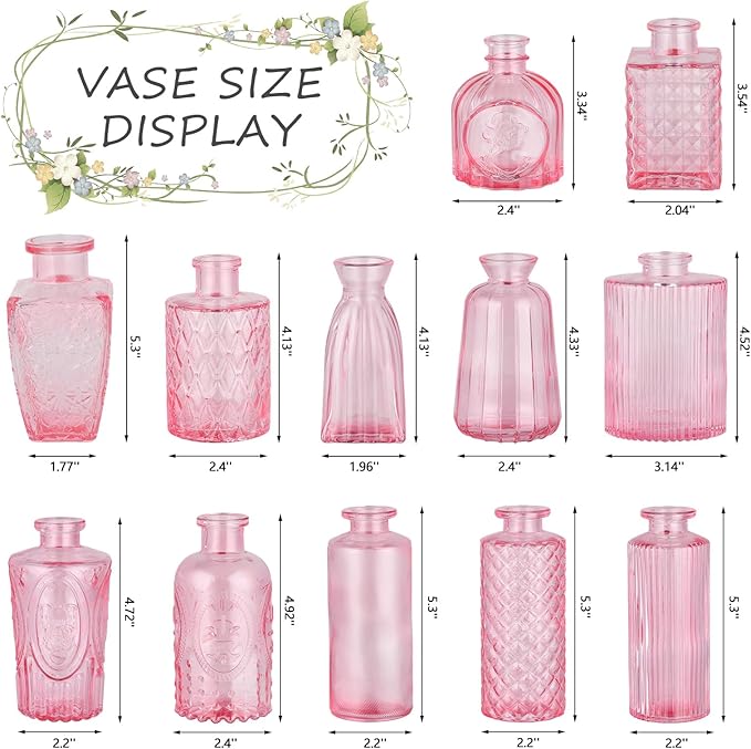 RUCKAE 12 Pack Glass Bud Vases Mini Flower Vase Small Vintage Vases for Centerpiece Table Wedding Decorations Home Decor Party (Pink)