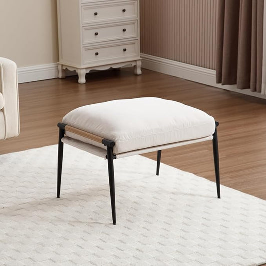 HEAH-YO Modern Footstool Ottoman Set of 1, Upholstered Chenille Fabric Footrest Ottoman with Metal Legs, Small Footrest Extra Seating for Living Room Entryway, Beige