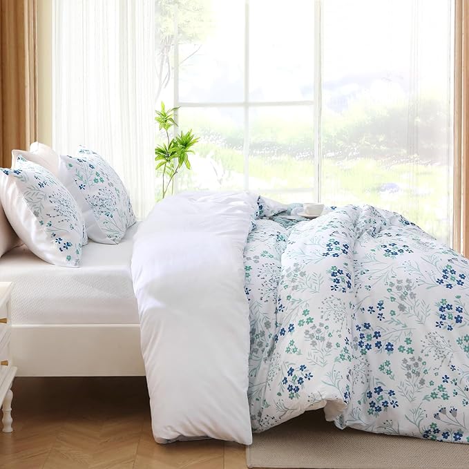 Duvet Cover King Size, Reversible Floral Vintage Duvet Cover Set with Zipper Closure, 3 Pieces Botanical Patterns Soft Microfiber Bedding Set (90"x104", 2 Pillow Cases 20"×36", Small Blue Flower)