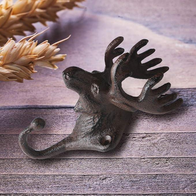 BRASSTAR Vintage 2PCS Cast Iron Deer Head Antlers Wall Hooks/Hanger - Living Room Bathroom Room Kitchen Wall Decoration Coat Hooks Rustic PTZY226-02