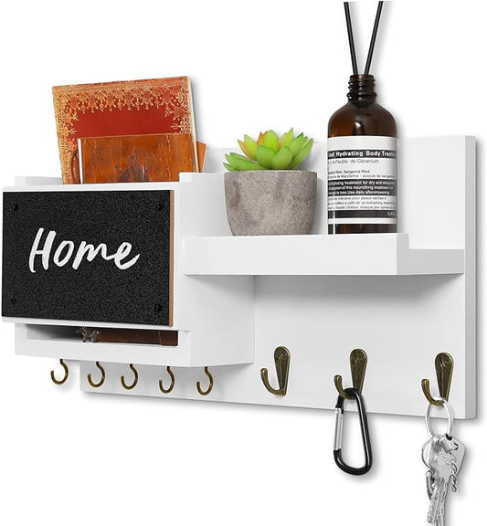 Decorative Key Hanging Rack with 8 Hooks – Easy Install Natural Wooden Key and Mail Holder for Wall Mount – Sunglasses Wallet Holder Entryway Decor with Shelf and Chalkboard (White)