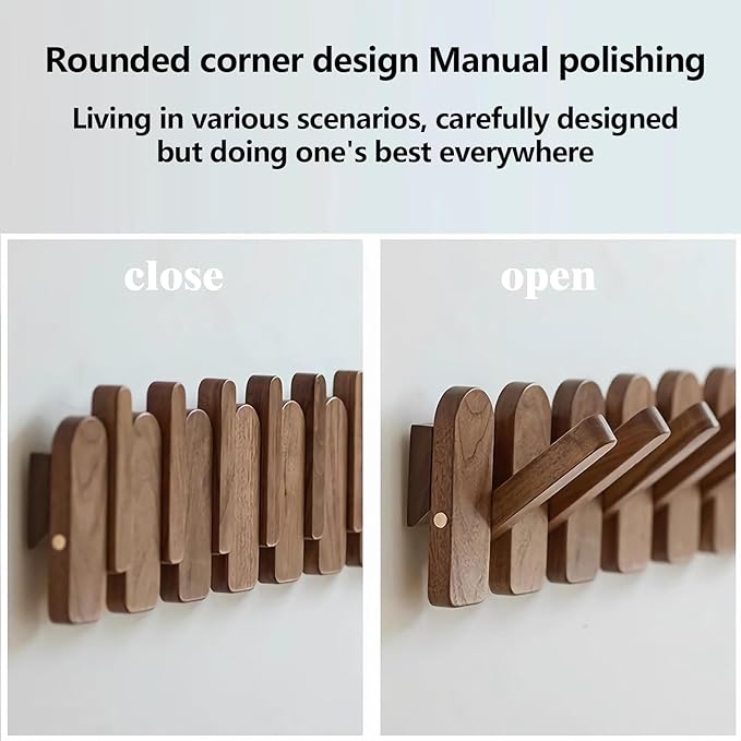 Wall Mounted Piano Key Hanger | Flip Style Hook | Entrance Wall Art Hook, Made of Oak Wood (3 Times Painted, 4 Times Polished) (Arc Walnut-Beech, 6Hooks)