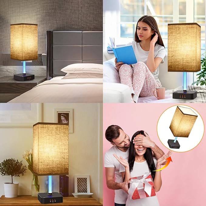 Bedside Table Lamp - Touch 3 Way Dimmable Lamp with 3 USB Charging Ports & 2 AC Outlets, Square Base Rectangular Flaxen Shade, Bedroom, Office, Dorm, Decor, LED Bulb Included (Black-Brown)