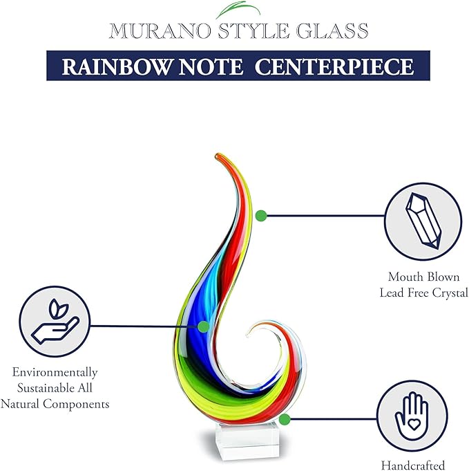 Badash Rainbow Note Murano-Style Art Glass Centerpiece - 12" Tall Mouth-Blown Glass Sculpture on Crystal Base - Contemporary Home Decor Accent Piece