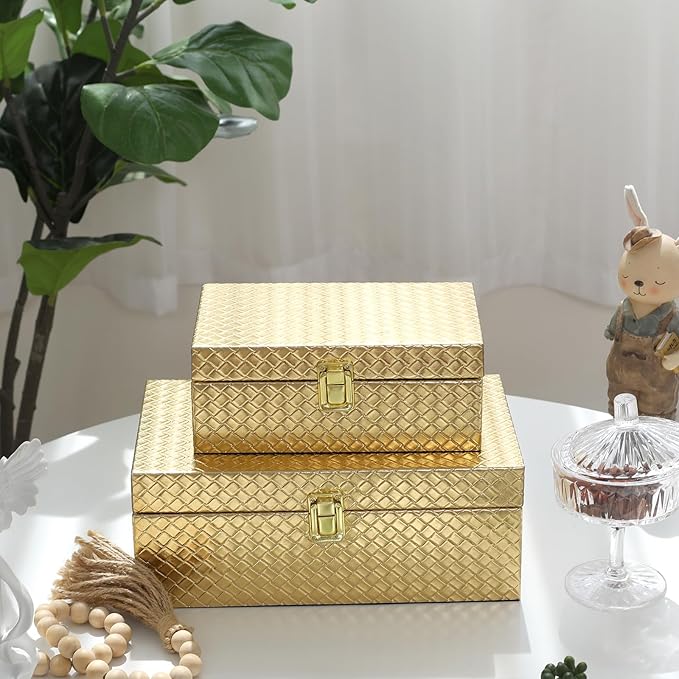 Faux Leather Decorative Jewelry Storage Organizer Boxes Set of 2, Gold