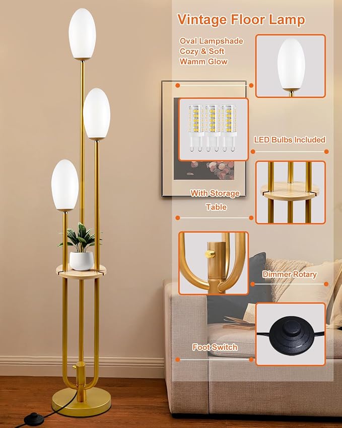 ACOHOOK Gold Dimmable Floor Lamp with Table, Unique Candle Holder Style Tall Standing Lamps with 3000K G9 Bulbs for Reading, Mid Century Modern Floor Lamp for Living Room Bedroom Office
