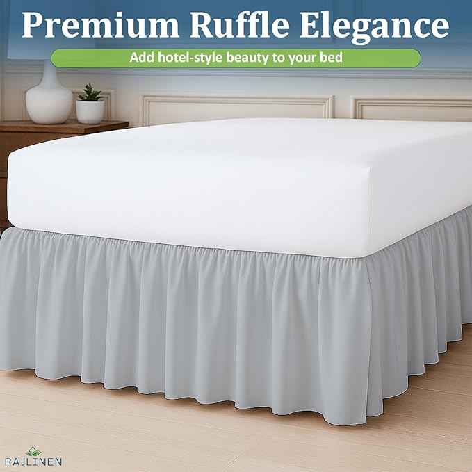 Rajlinen Ruffled Bed Skirt Full XL, 14 Inch Drop Dust Ruffle with Split Corners, 100% Microfiber Bedskirt with Platform, Three-Sided Coverage Ruffled Gathering Design, Light Grey