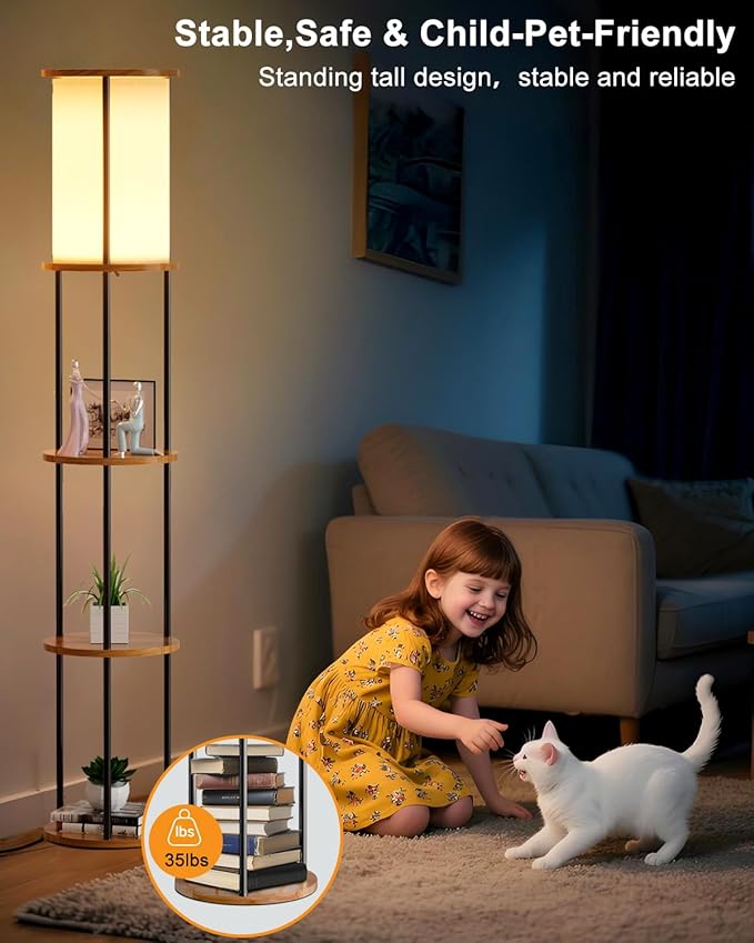 ACOHOOK 61" Floor Lamp with Shelves, Modern Black Floor Lamp with Fabric Lampshade and 3- Tier Storage Table Attached, 35lb Capacity Solid Wood, Corner Bookshelf Lamps for Living Room, Bedroom, Office
