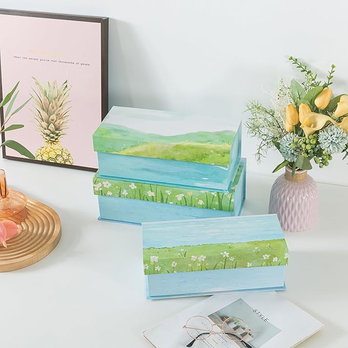 Soul & Lane Watercolor Decorative Storage Boxes with Lids - Set of 3 - Lakeside Meadow Whisper: Floral Memory Keepsake Boxes with Magnetic Closure, Cardboard Storage for Photos, Organizing, Gifts