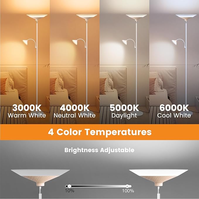 SIBRILLE Torchiere Floor Lamp with Wood Grain Shade, 72" Dimmable LED Standing Lamp with Remote, 2-in-1 Floor Reading Lamp with Color Changing, 34W White Corner Lamp for Living Room Bedroom Office