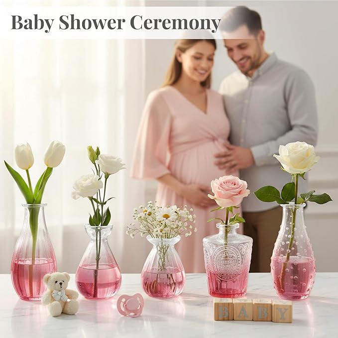BEAHOT 24 Pack Pink Flower Vase in Bulk,Mini Vintage Glass Bud Vases for Centerpieces,Wedding Decor,Party & Home Decaration,Mother's Day (Pink-Gradient)