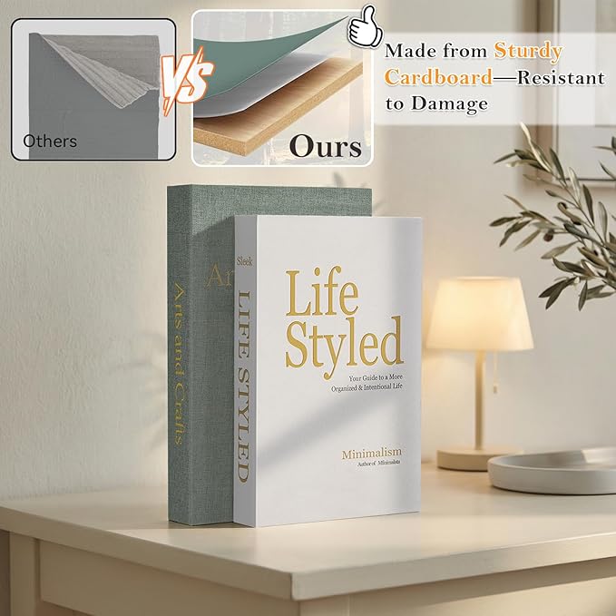 Decorative Book for Coffee Table: Linen Fabric with Gold Foil Faux Books - Set of 2 Boxes with Hidden Storage Solves Clutte - Neutral Modern Style