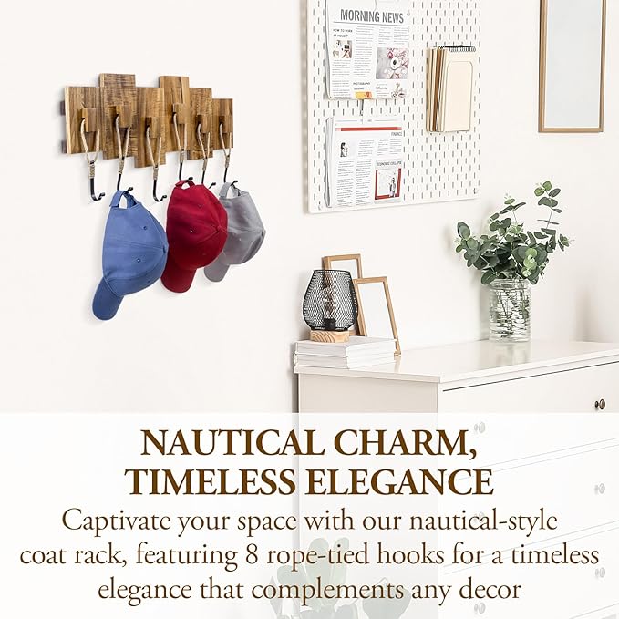 MyGift Wall Mounted Coat Rack, Premium Nautical-Style Wall-Mounted Acacia Wood Entryway Storage Rack with 6 Rope and Matte Black Metal Hooks