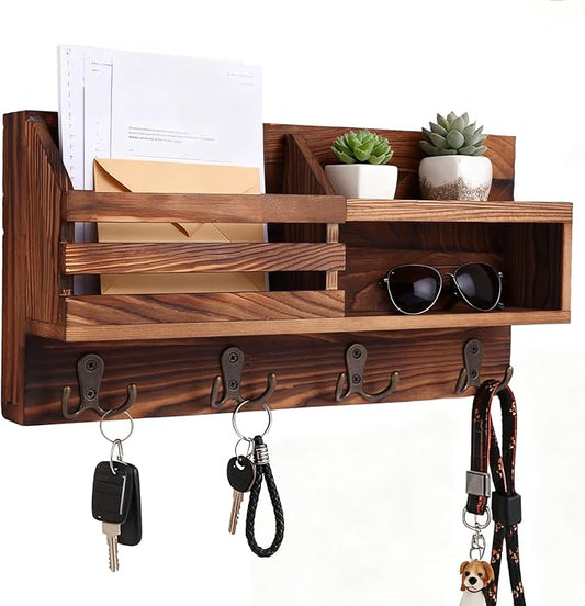Key and Mail Holder for Wall, Mail Organizer Wall Mount with Shelf, Farmhouse Entryway Decor for Organizing A4 Bags,Wallet, Dog Leash, Sunglass (Brown)