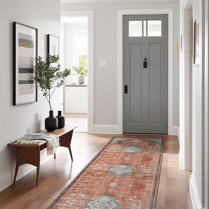 Beverly Rug Non Slip Rugs 2x7 Boho Medallion Floral Non Skid Rubber Backing Easy Silk Soft Runner Rug for Living Room Easy to Clean Non Shedding Kitchen Bedroom Indoor Carpet (2 x 7 Orange - Cream)