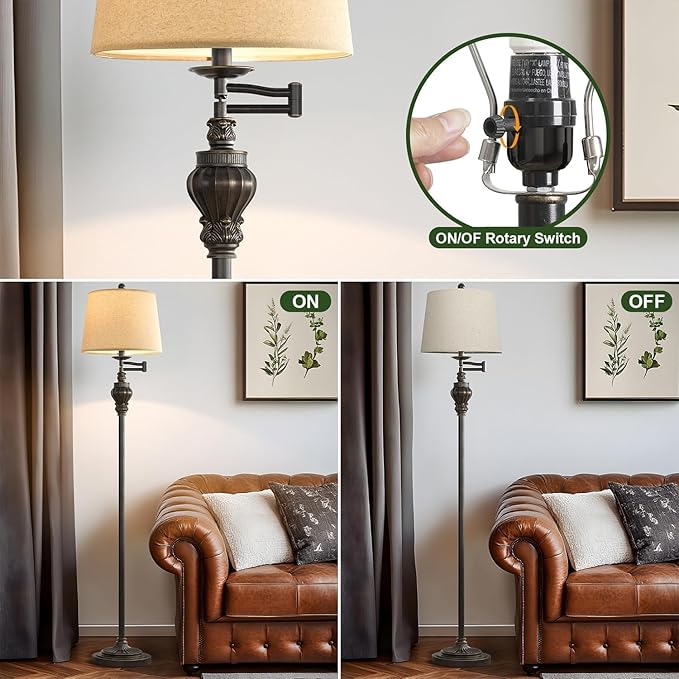 G-SAFAVA 61" Vintage Floor Lamp with 350° Adjustable Swing Arm, Standing Lamp for Bedroom Living Room Bedside Nightstand Retro Farmhouse Mid Century Lamp Light Home Décor Office Gifts
