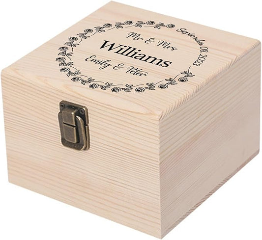 Personalized Wedding Keepsake Box Custom Name Date, Wooden Memory Box Wedding Gift Box for Couples Newlyweds - Customized Gifts for Bridal Shower Anniversary Engagement Christmas