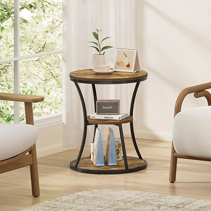 19.69 inches Round End Table,3 Tier Side Table with Storage Shelf,Compact Coffee Table and Tea Sofa Table,Vintage Nightstand for Living Room Bedroom Study Small Spaces ,Rustic Brown and Black