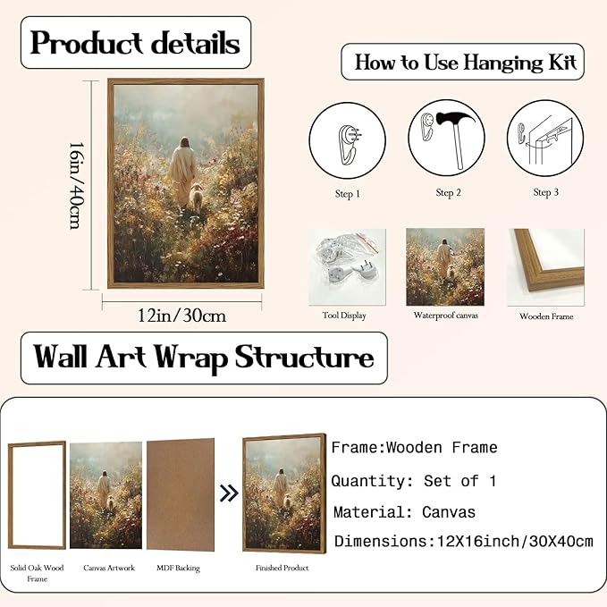 Jesus Leaves the 99 Sheep Wall Art, Jesus and Lamb Canvas Pictures, Lost Lamb Wall Decor Paintings Christian Bible Posters Prints Artwork for Living Room Prayer Room Bedroom 12x16 Inch Wood Framed