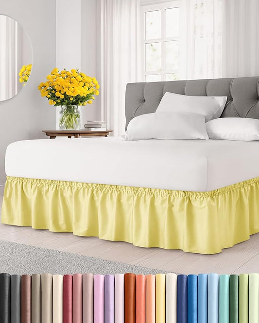 Wrap Around Dust Ruffle Bed Skirt - Yellow - for Queen Size Beds with 18 Inch Drop - Easy Fit Elastic Strap - Adjustable Pleated Bedskirt w/Brushed Fabric Wrinkle Free - for Women, Men, Kids & Teens