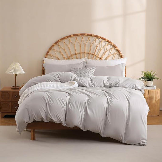 JSD Light Grey Duvet Cover Set Queen Size, 3 Piece Duvet Cover with Pillow Shams, Soft Brushed Microfiber Zipper Closure, Comforter Not Included