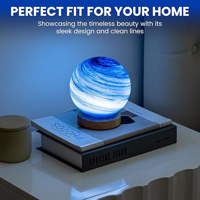 New Model Neptune Blue Planet Night Light Glass Bedside with Wooden Base 3 Modes - Dimmable Swirl Planet Table Lamp for Bedroom Nightstand, Desk Lamp for Living Room, Office, Kids Room