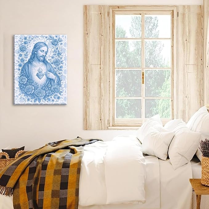 Blue Sacred Heart of Jesus Canvas Wall Art Divine Mercy Wall Decor Jesus Portrait Pictures Catholic Artwork Christian Religious Poster Prints for Bedroom Living Room Prayer Room Church 16x24in