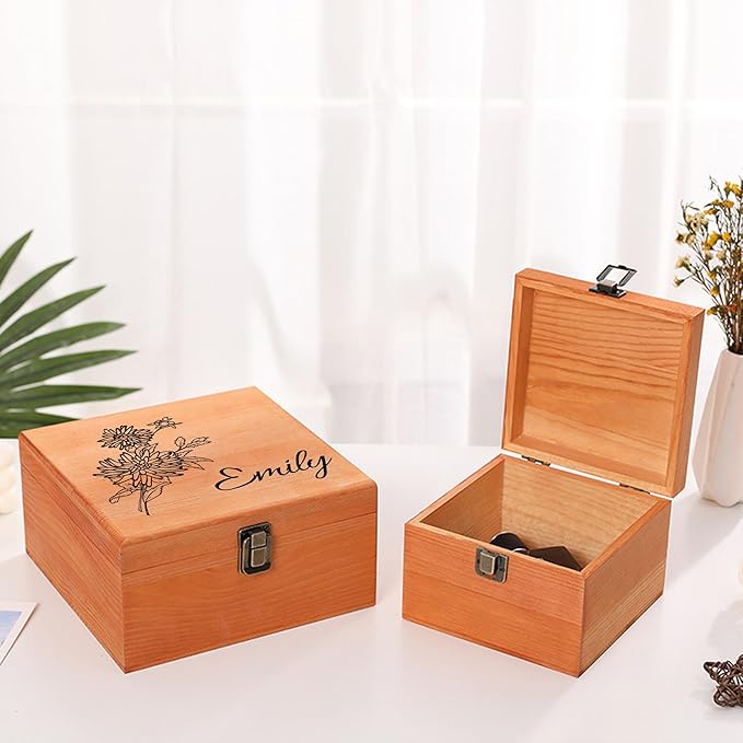 Personalized Wooden Keepsake Memory Box with Birth Flower & Name, Custom Wood Decorative Storage Box with Lids Customized Christmas Gift Box for Women Teen Girls Mom Birthday Gifts