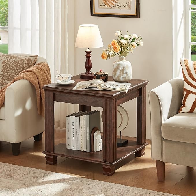 Farmhouse End Table,Large Side Table with 2-Tier Storage Shelf,Rustic Brown End Tables for Living Room,Square Tea Table,Walnut