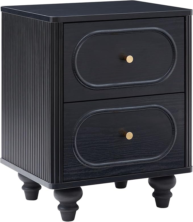 2 Drawer Fluted Nightstand, Mid Century Modern Farmhouse Night Stand Small End Table Bedside Table for Bedroom, Living Room, Black