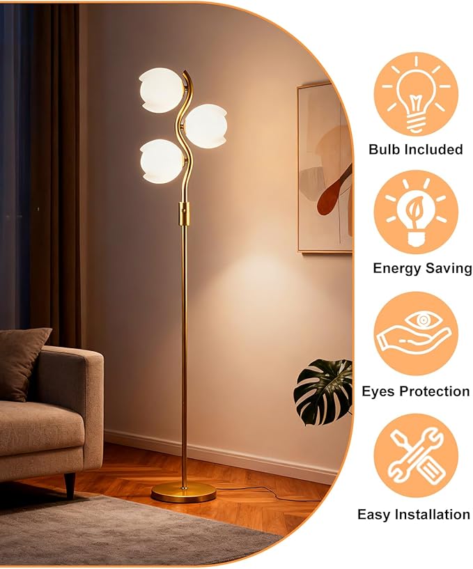 Lightdot 62IN Gold Floor Lamp Stepless Dimmable Bud-Shaped Floor Lamps with 3Pcs 3000K G9 Bulbs Eye-Friendly Mid Century Standing Lamps with Stable Base for Living Room/Bedroom/Corner/Office