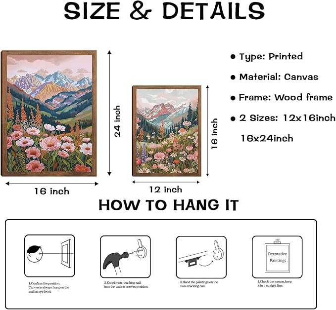 Boho Colorful Mountain Landscape Wall Art Set of 3, Flower Daisy Nature Canvas Prints Wall Decor, Vintage Floral Forest Botanical Painting Posters for Living Room Bedroom Home Decor 24x16in Framed