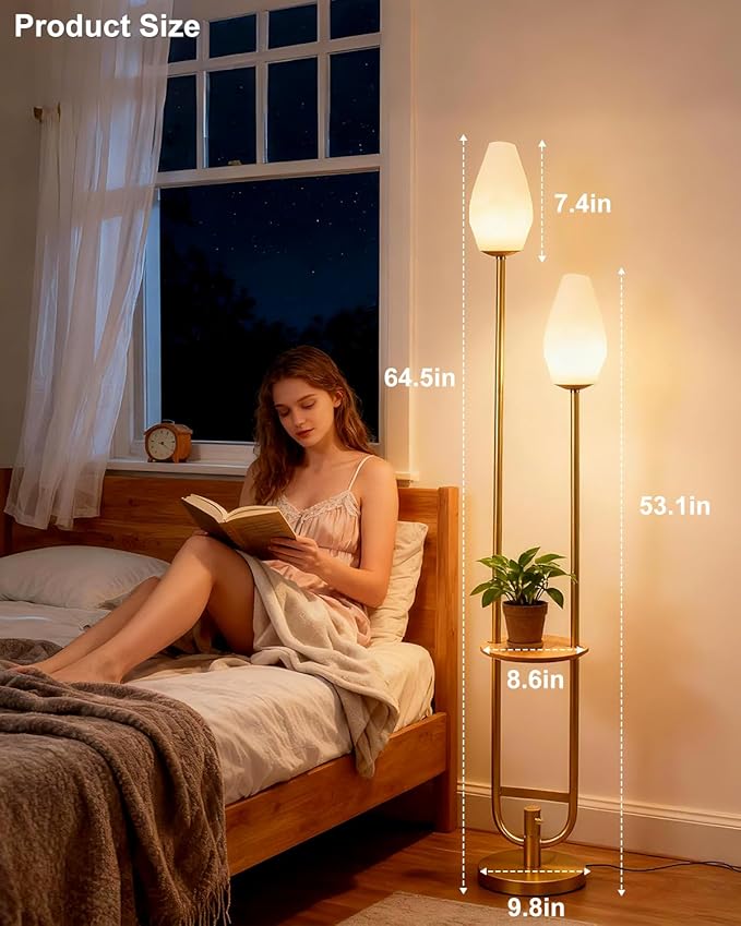 Lightdot 63IN Gold Floor Lamp with Shelf, Mid Century U-Shaped Tall Standing Lamps with 2 Rock-Shaped Lampshades, 3000K Warm White Unique Modern Dimmable Floor Lamp for Living Room/Bedroom