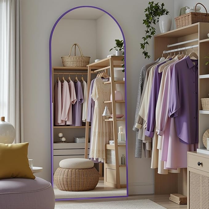 Antok Full Length Mirror, 58"x18" Floor Mirror, Arched Floor Standing Freestanding Arch Full Body Mirrors with Stand for Bedroom, Hanging Mounted for Living Room Cloakroom,Purple