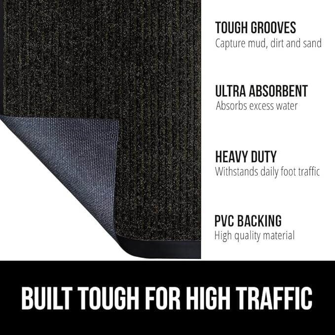 GORILLA GRIP Waterproof Traffic Guard Door Mat, 2 Pack Heavy Duty Entryway Mats, Strong Backing Commercial Utility Rugs for Office Hallway, Garage Floor and Home, Low Profile Carpet, 29x17, Black