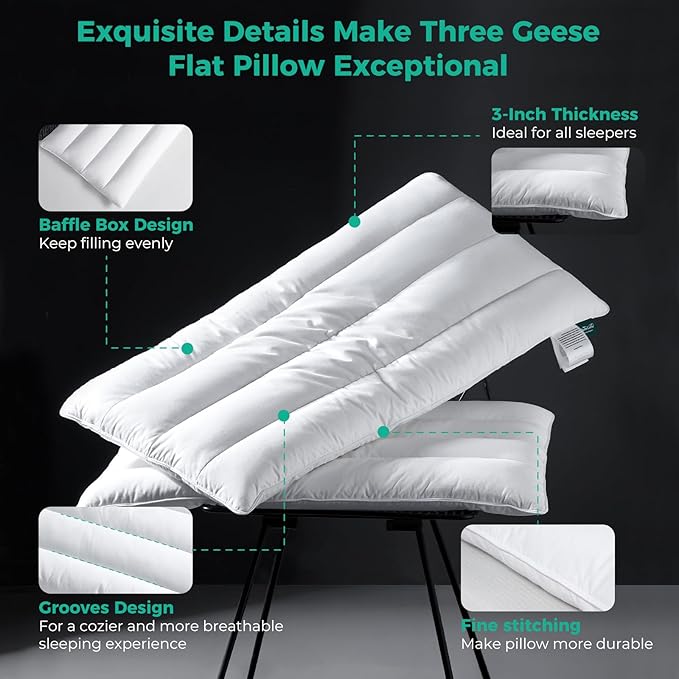Three Geese Luxury Flat Thin Goose Feather Down Pillows Standard Size, 3" Height, 100% Cotton Cover, Medium Firm Hotel Collection Ultra Slim Thin Bed Pillows, Machine Washable, 18 x 26 Inches
