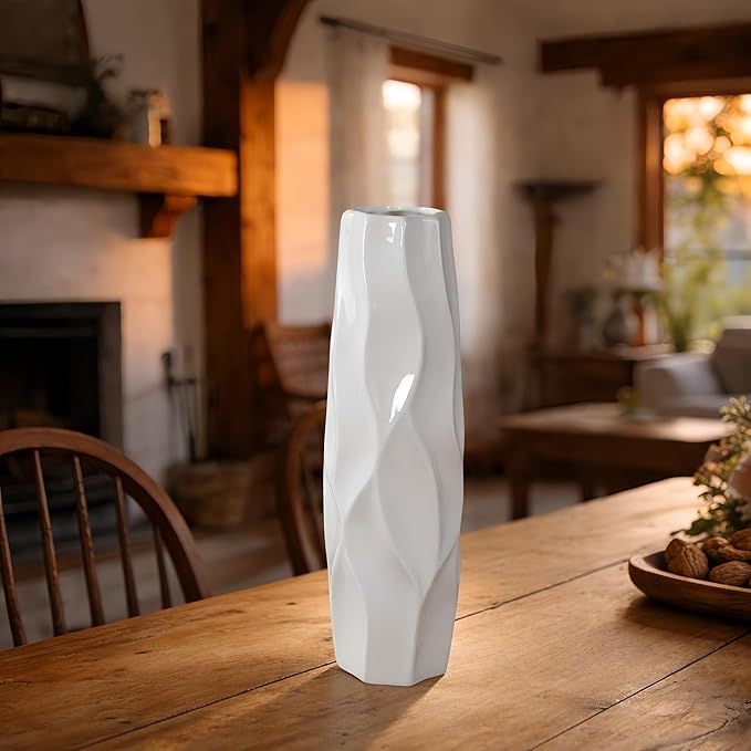 12 Inch White Vase Ceramic Flower Vase, Tall Vases for Pampas Grass, Home Decor, Modern Textured Vases for Living Room Decorations,Table Centerpieces,Shelf,Farmhouse Small Ceramic Vase