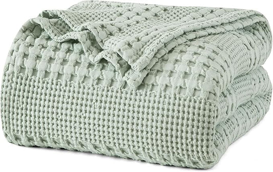 PHF 100% Cotton Waffle Weave Blanket King Size for Bed, Soft Lightweight & Breathable, All-Season Comfort, 300 GSM Luxury Aesthetic Blanket for Home Decor, 108"x90", Mint Green